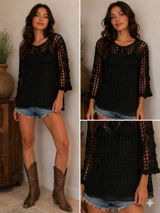 Tops - Vintage Black Crochet Open Work Tunic Sweater Rosette Macrame Sleeve Lagenlook